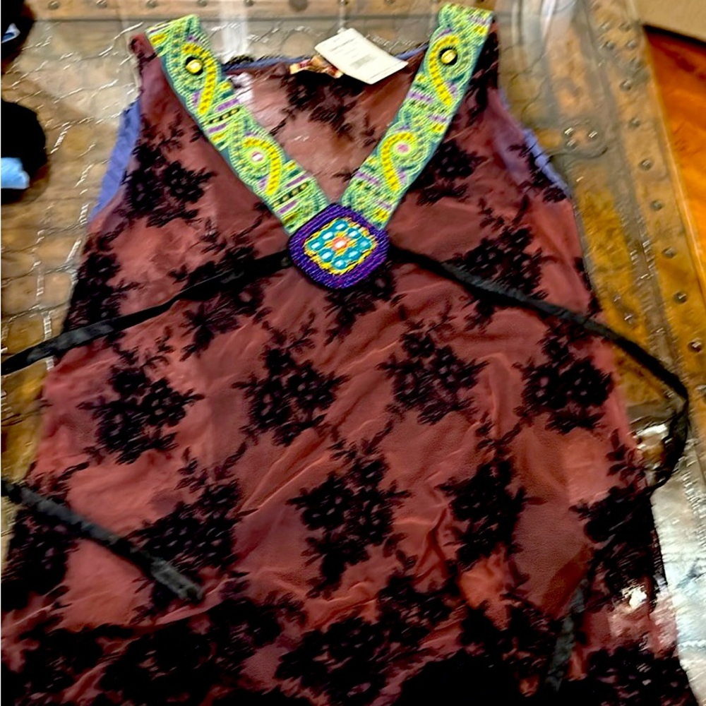 NWT Free People Beaded Embroidered V-Neck Women's Lace W/ Lining Tank Top